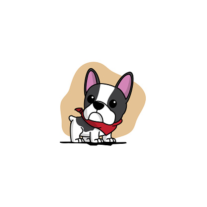Cute french bulldog puppy with with red scarf  icon, logo design, vector illustration