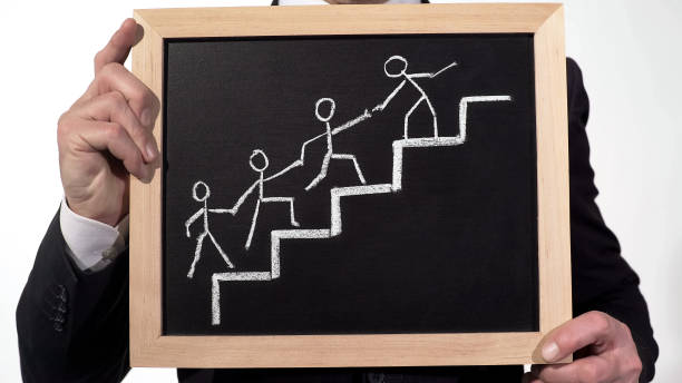 istock Man leading team image drawn on blackboard in businessman hands, cooperation 948128128