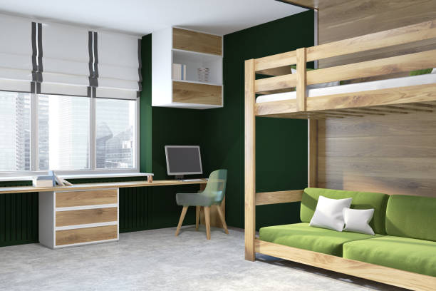 istock Black wall home office, green loft bed 948137080