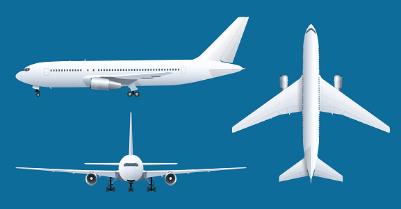 Airplane on blue background. Industrial blueprint of airplane. Airliner in top, side, front view. Flat style vector illustration