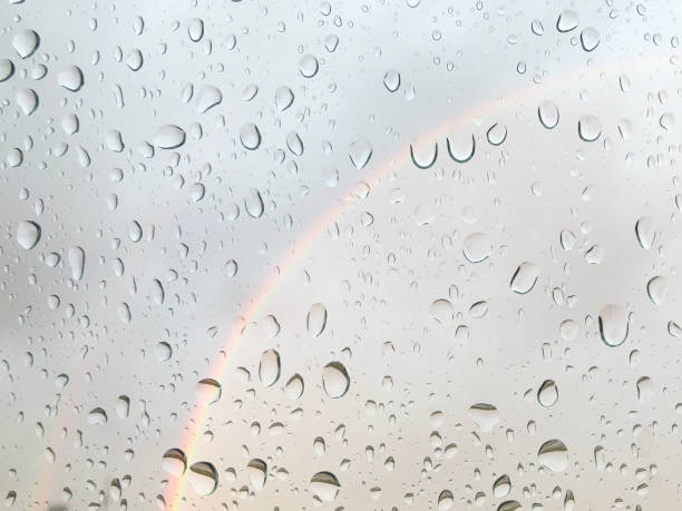 istock Water drops on window glass and real rainbow 948142298