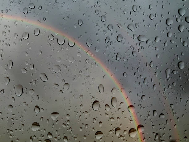 istock Water drops on window glass and real rainbow 948142340