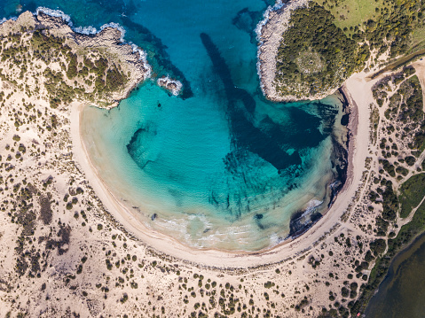 Aerial view of Voidokilia Beach, a popular beach in Messinia in the Mediterranean area of Greece