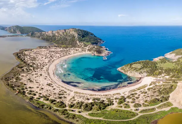 Photo of Aerial view of Voidokilia Beach, a popular beach in Messinia in the Mediterranean area