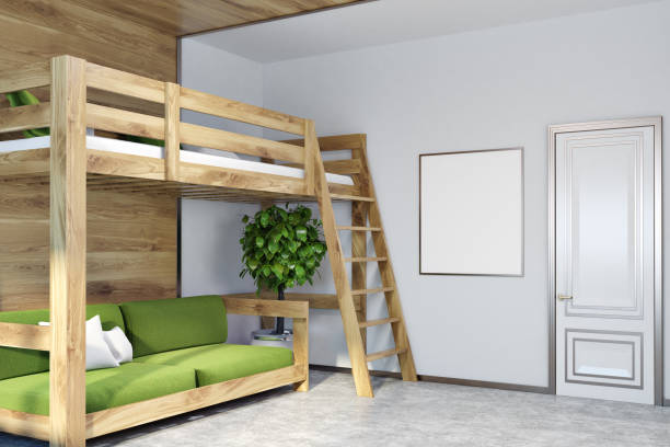 istock White wall bedroom corner, green loft bed, poster 948152000