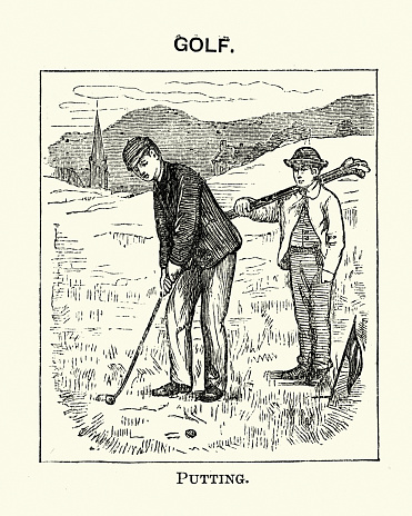 Vintage engraving of Victorian sport, Golf, Man Putting a ball