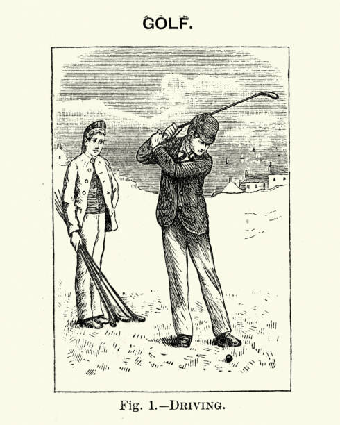 Vintage engraving of Victorian sport, Golf, Man Driving a ball