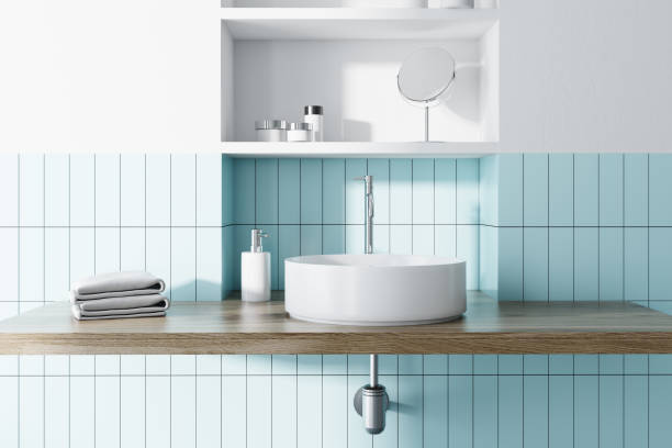 istock Sink in a blue and white bathroom interior 948158154