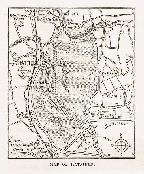 ilustrações, clipart, desenhos animados e ícones de mapa de hatfield, hertfordshire, inglaterra vitoriana gravura, 1840 - lea