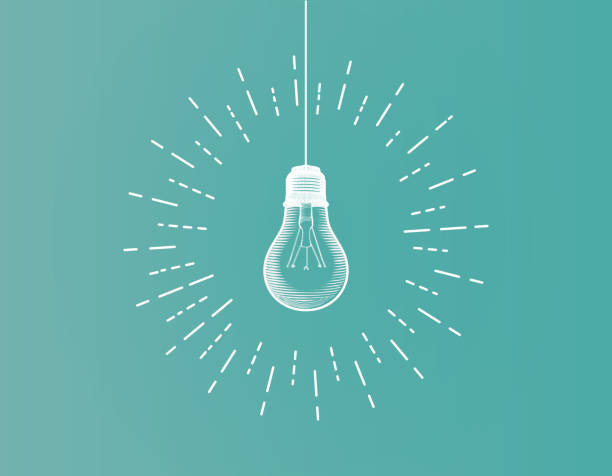 Vintage light bulb illustration isolated on green BG White line art light bulb illustration on green background with glowing starburst abstract shirts stock illustrations