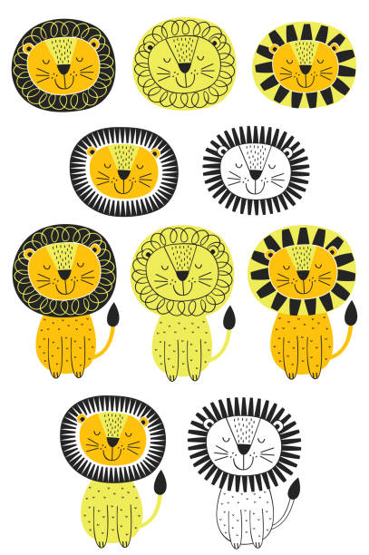 illustrations, cliparts, dessins animés et icônes de ensemble de lion isolée dans un style scandinave - big cat fun cute yellow