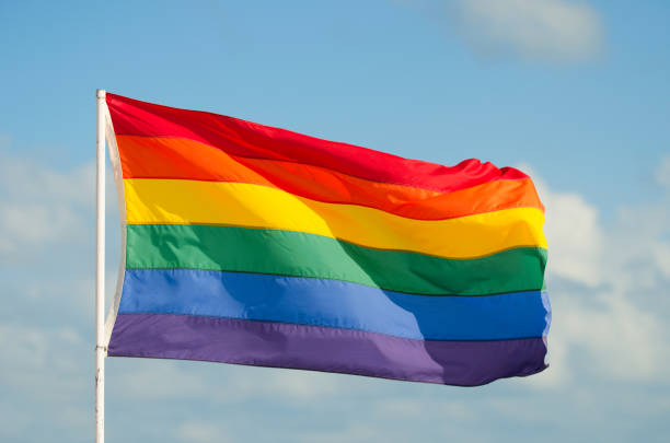 istock Gay Pride Rainbow Flag Flying in the Wind on Flag Pole 948175698