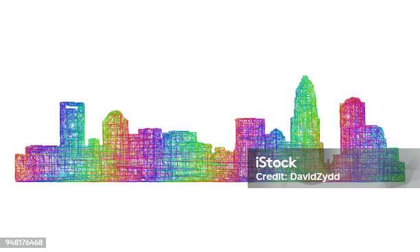 Charlotte Skyline Silhouette Multicolor Line Art Stock Illustration - Download Image Now - Charlotte - North Carolina, Urban Skyline, Building Exterior