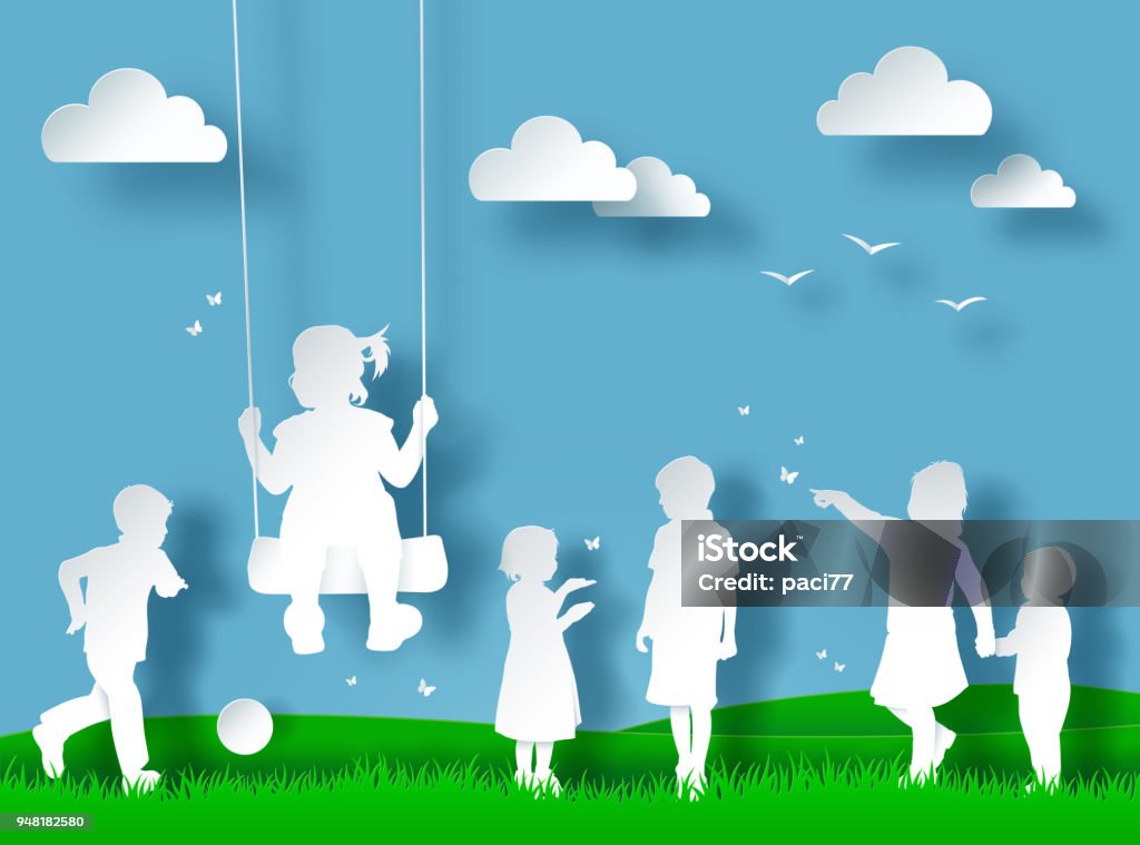 Silhouette of Happy Children Playing. Paper cut style Child stock vector