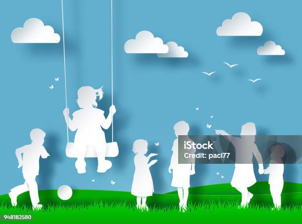 Silhouette Of Happy Children Playing Paper Cut Style Stock Illustration - Download Image Now