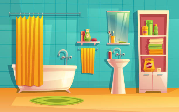 Vector bathroom interior, room with furniture, bathtub Vector bathroom interior, room with furniture, bathtub, shelves, mirror, faucet, curtain, sink washing gel shampoo Household background cartoon architecture decoration curtain illustrations stock illustrations