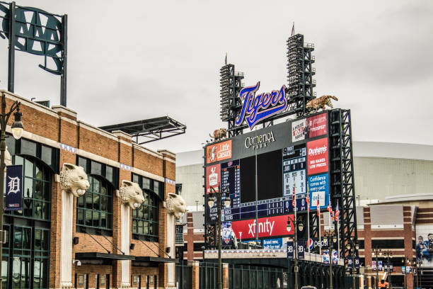Exterior Of comerica Park Stadium Detroit, Michigan, USA - March 28. 2018: Infield scoreboard for Comerica Park in downtown Detroit. The stadium is home to the Major League Baseball team Detroit Tigers and replaced Tiger Stadium in the year 2000. comerica park photos stock pictures, royalty-free photos & images