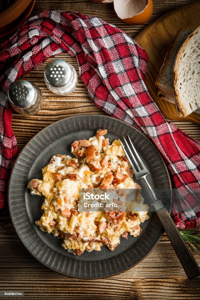Scrambled Eggs With Sausage Stock Photo - Download Image Now - Bacon