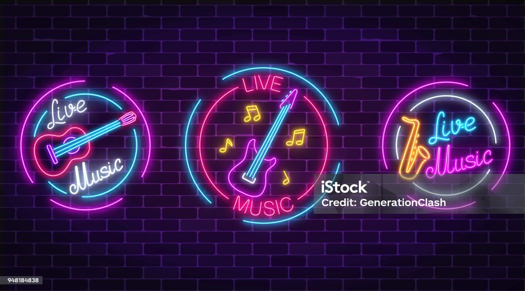 Set of neon live music symbols with circle frames. Three live music signs with guitar, saxophone, notes. Set of neon live music symbols with circle frames on dark brick wall background. Fruit ice-cream in waffle cone, on stick and in a croissant. Three advertising emblem of summer frozen food. Vector illustration Neon Lighting stock vector