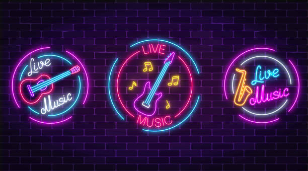 Set of neon live music symbols with circle frames. Three live music signs with guitar, saxophone, notes. Set of neon live music symbols with circle frames on dark brick wall background. Fruit ice-cream in waffle cone, on stick and in a croissant. Three advertising emblem of summer frozen food. Vector illustration guitar borders stock illustrations