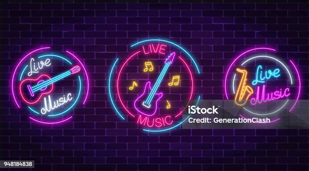 Set Of Neon Live Music Symbols With Circle Frames Three Live Music Signs With Guitar Saxophone Notes Stock Illustration - Download Image Now