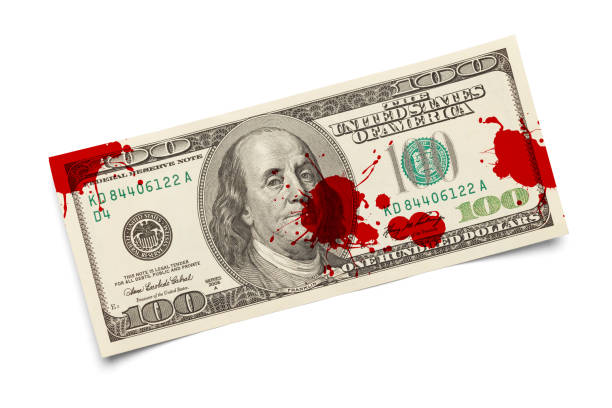 Blood Money One Hundred Dollar Bill With Blood Spots Isolated on a White Background. bloody money stock pictures, royalty-free photos & images