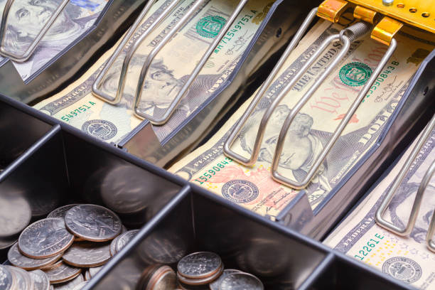 cash register drawer close up - cash register coin cash box checkout counter imagens e fotografias de stock