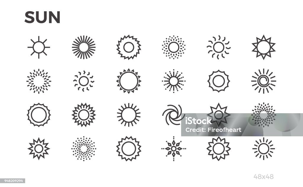 Sun icons. Star, sunny weather, rays and other elements. Editable line. Sun stock vector