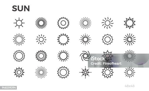 Sun Icons Star Sunny Weather Rays And Other Elements Editable Line Stock Illustration - Download Image Now