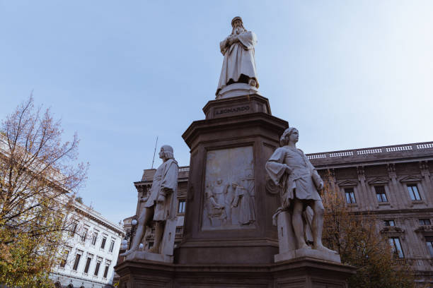 Statue of Leonardo da Vinci in Piazza della Scala, Milan, Italy