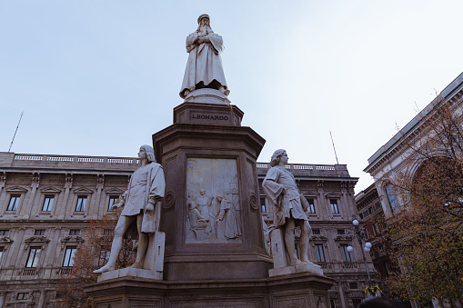 Statue of Leonardo Da Vinci in Milan. Leonardo Da Vinci monument in Piazza della Scala. autumn in Milan