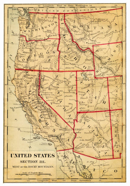 ilustraciones, imágenes clip art, dibujos animados e iconos de stock de mapa de occidental estados eeuu 1876 - montana map usa old