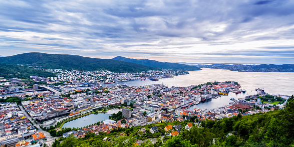 Panoramic view of Bergen and harbor from Mount Floyen, Bergen, Norway. Artistic picture. Beauty world