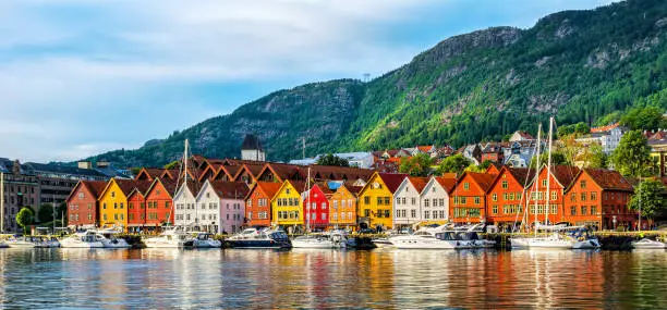 Photo of Bergen, Norway. View of historical buildings in Bryggen- Hanseatic wharf in Bergen, Norway. UNESCO World Heritage Site