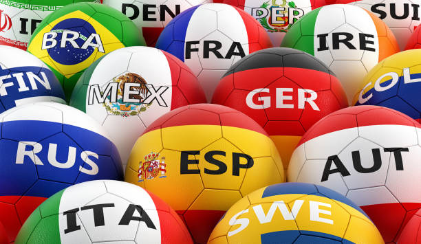 soccer balls colored in different national flag colors - 3D rendering soccer balls colored in different national flag colors - 3D rendering international match stock pictures, royalty-free photos & images