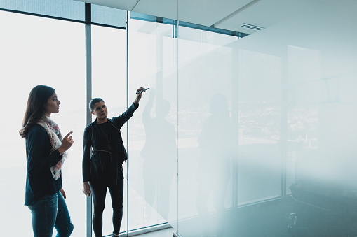 Two latin female professionals standing in front of a transparent board and writing ideas on it.