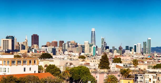 istock Downtown San Francisco elevated skyline panorama with clear blue sky 948324006