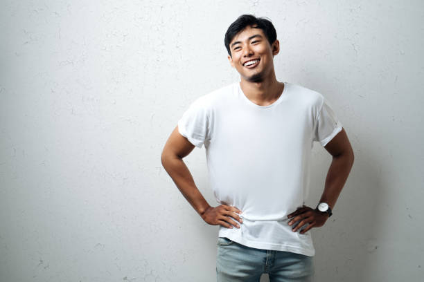Handsome asian man in white blank t-shirt