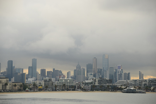 Melbourne skyline on gloomy day, view from Port Phillip Bay