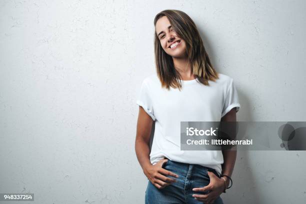 Handsome Woman In White Blank Tshirt Studio Model Stock Photo - Download Image Now
