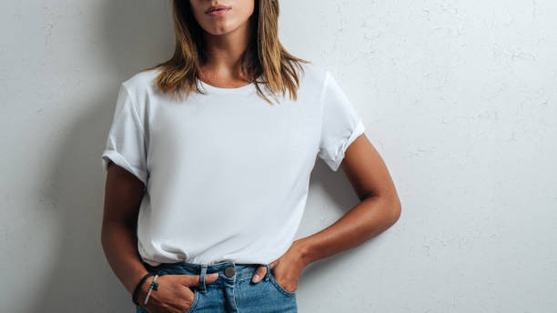 white blank t-shirt, woman model close-up stock photo