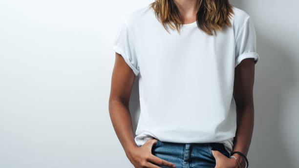 white blank t-shirt, woman model close-up stock photo