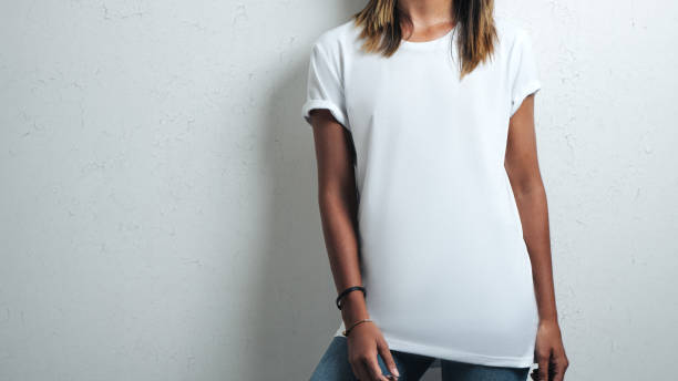 white blank t-shirt, woman model close-up stock photo