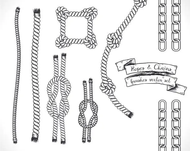 Vector illustration of Set of hand drawn editable brushes of ropes and chains.