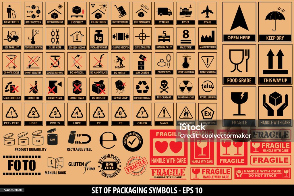 Satz von Verpackungen Symbole, Geschirr, Kunststoff, fragile Symbole, Karton Symbole - Lizenzfrei Verpackung Vektorgrafik
