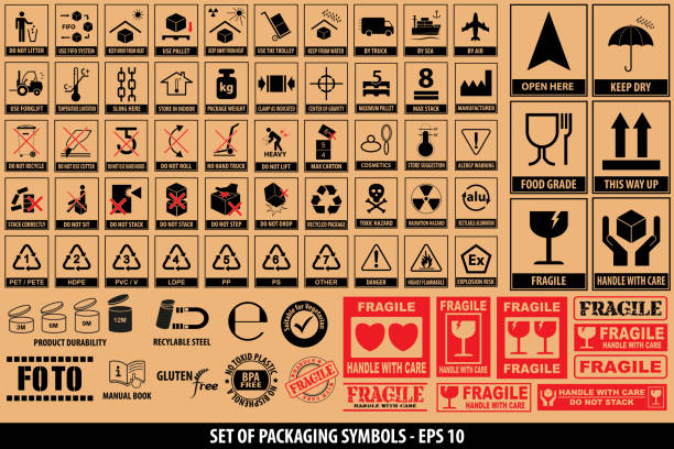 набор упаковочных символов, посуды, пластика, хрупких символов, картонных символов - cardboard sign stock illustrations