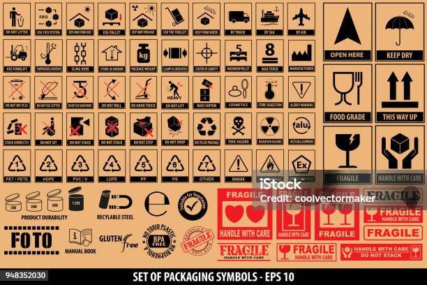 Set Of Packaging Symbols Tableware Plastic Fragile Symbols Cardboard Symbols Stock Illustration - Download Image Now