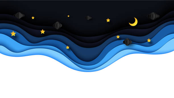 Night scenery with clouds,stars and crescent moon on midnight sky. Night scenery with clouds,stars and crescent moon on midnight sky background paper art style design.Vector illustration. cartoon of blue sky texture stock illustrations