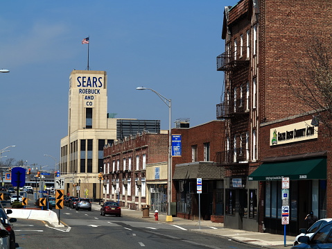 Hackensack, New Jersey, USA - April 14, 2018: Vintage Sears Roebuck department store. Sears was founded in 1892 as a mail order catalog company.