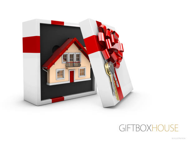 istock Model of a house in gift box with red ribbon, 3d illustration 948362002